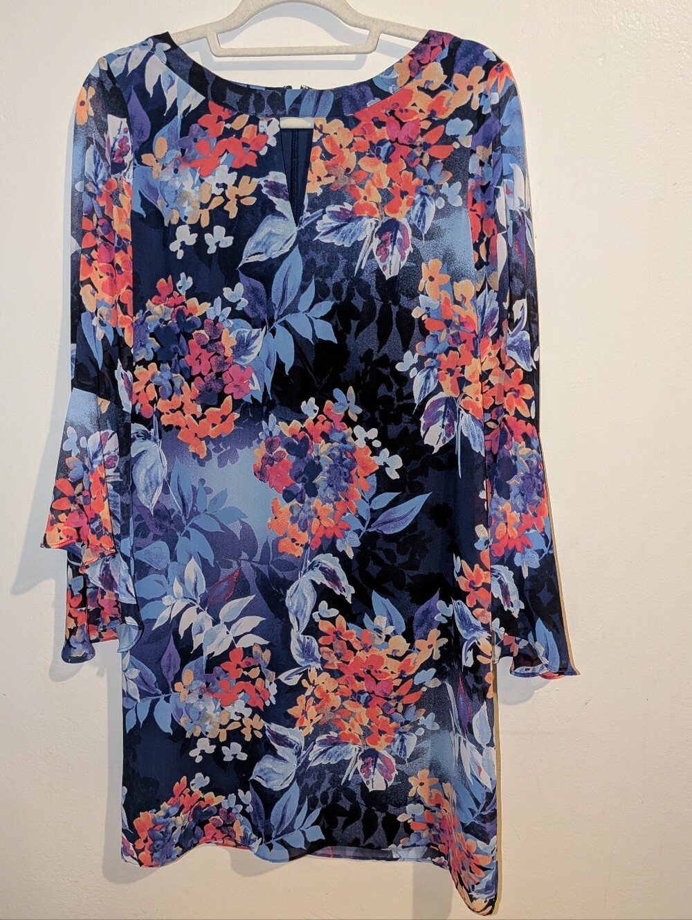 Roz & Ali Navy Floral Keyhole Dress with Coral and Periwinkle Blooms Size 12